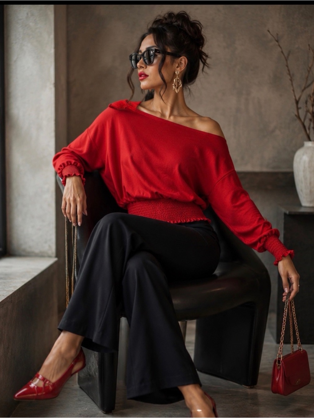 Off-Shoulder Red Women's Sweater - Picture 1 of 6